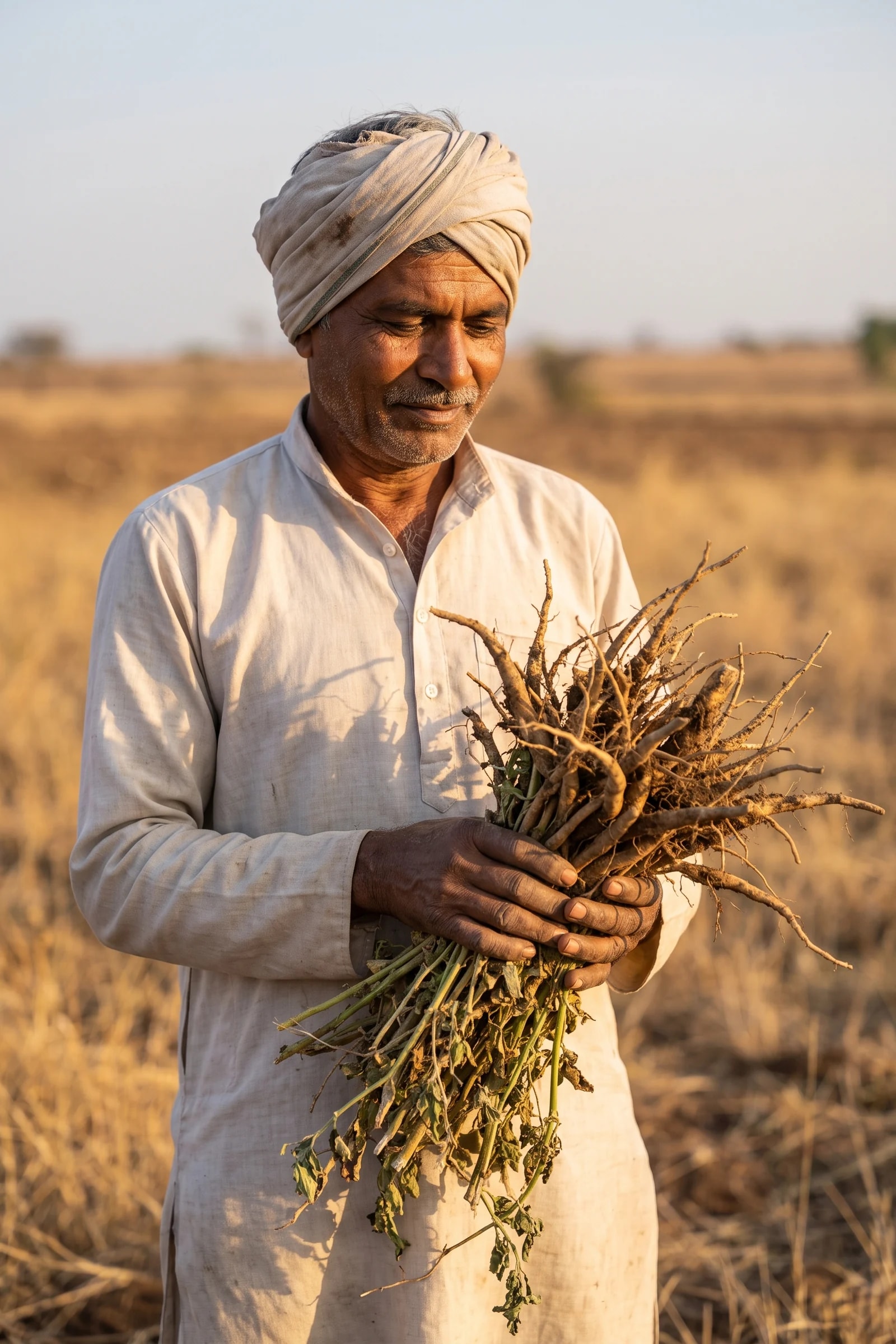 A farmer holding a bundle of freshly dug ashwagandha roots