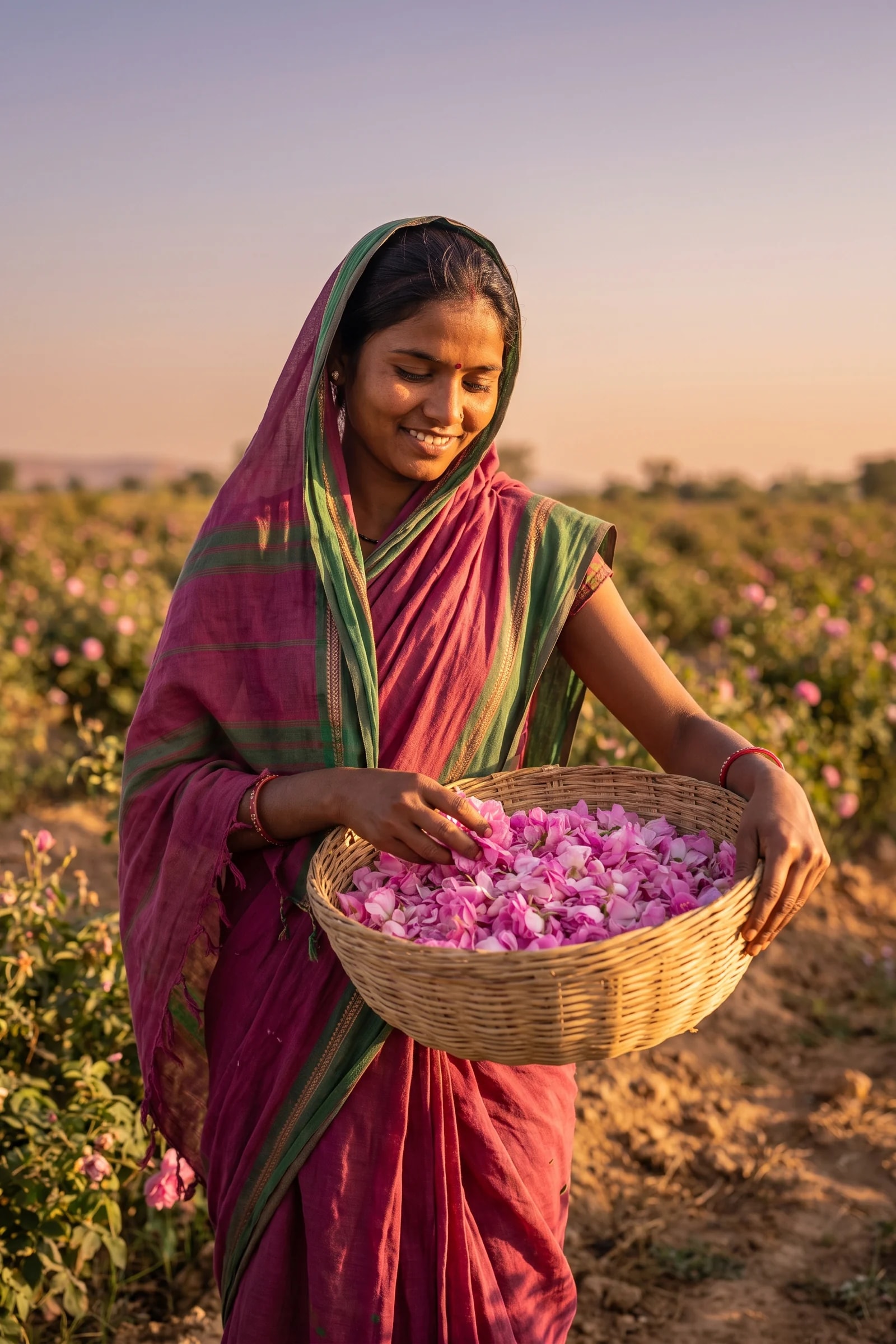A woman holding a basket of fresh damask rose petals in a rose field
