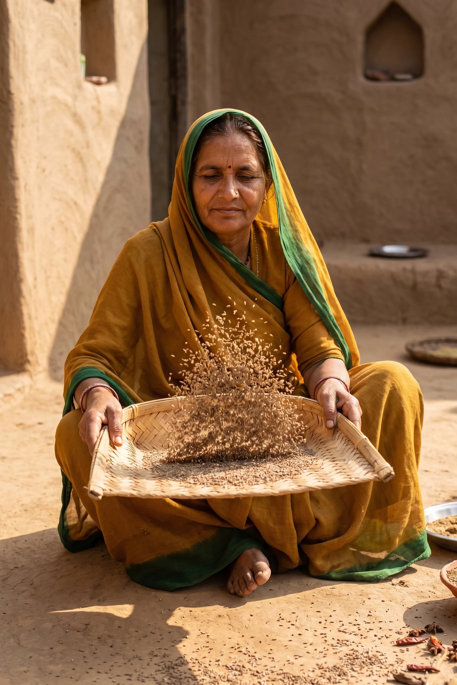 A woman cleaning cumin seeds on a woven winnowing tray in a Rajasthani courtyard