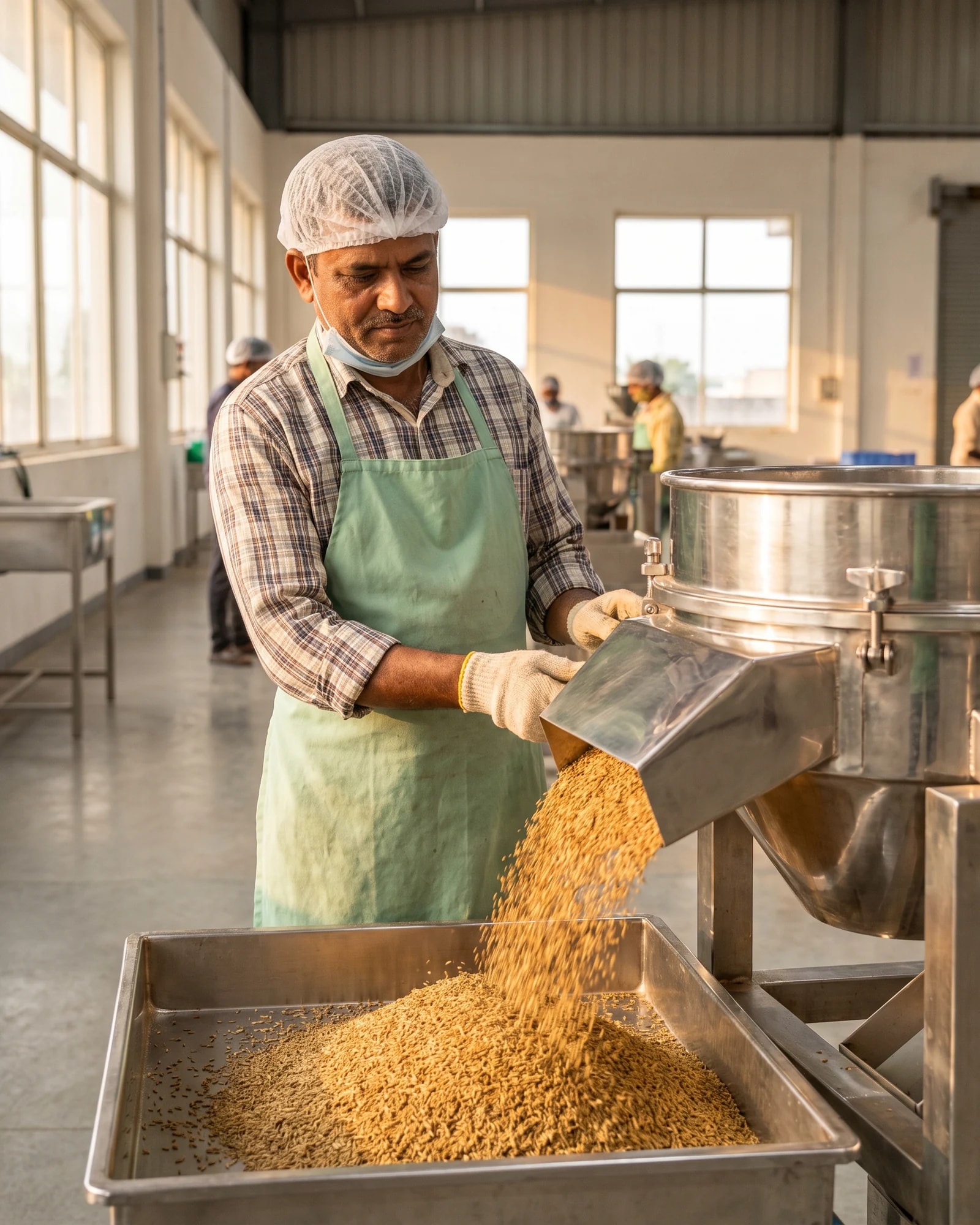 A worker watching cleaned cumin seeds pour from a grading machine