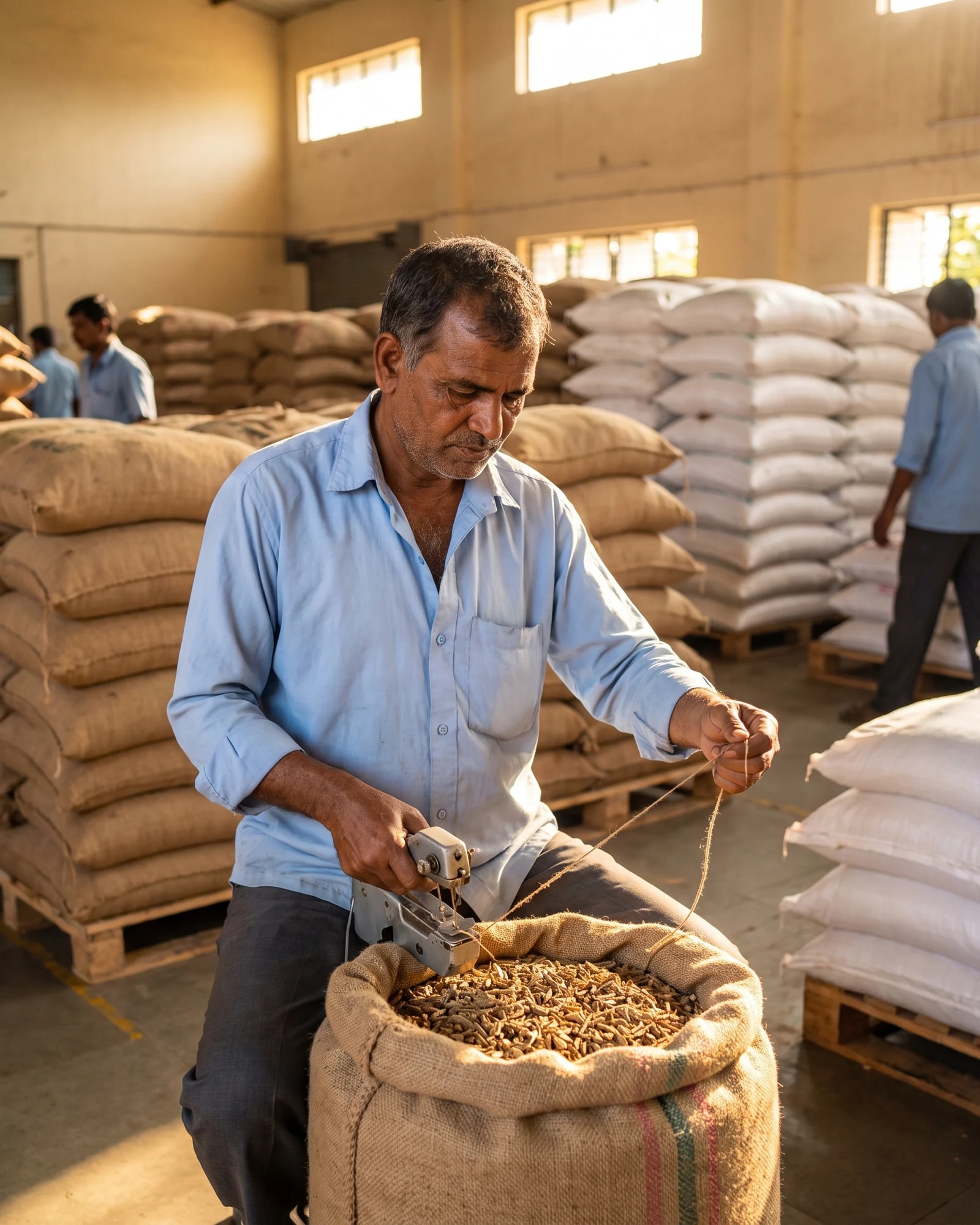 A worker stitching a filled jute sack closed in a warehouse