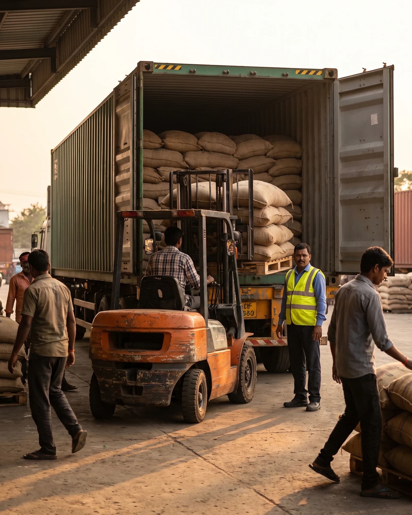 A forklift loading a pallet of jute sacks into a shipping container