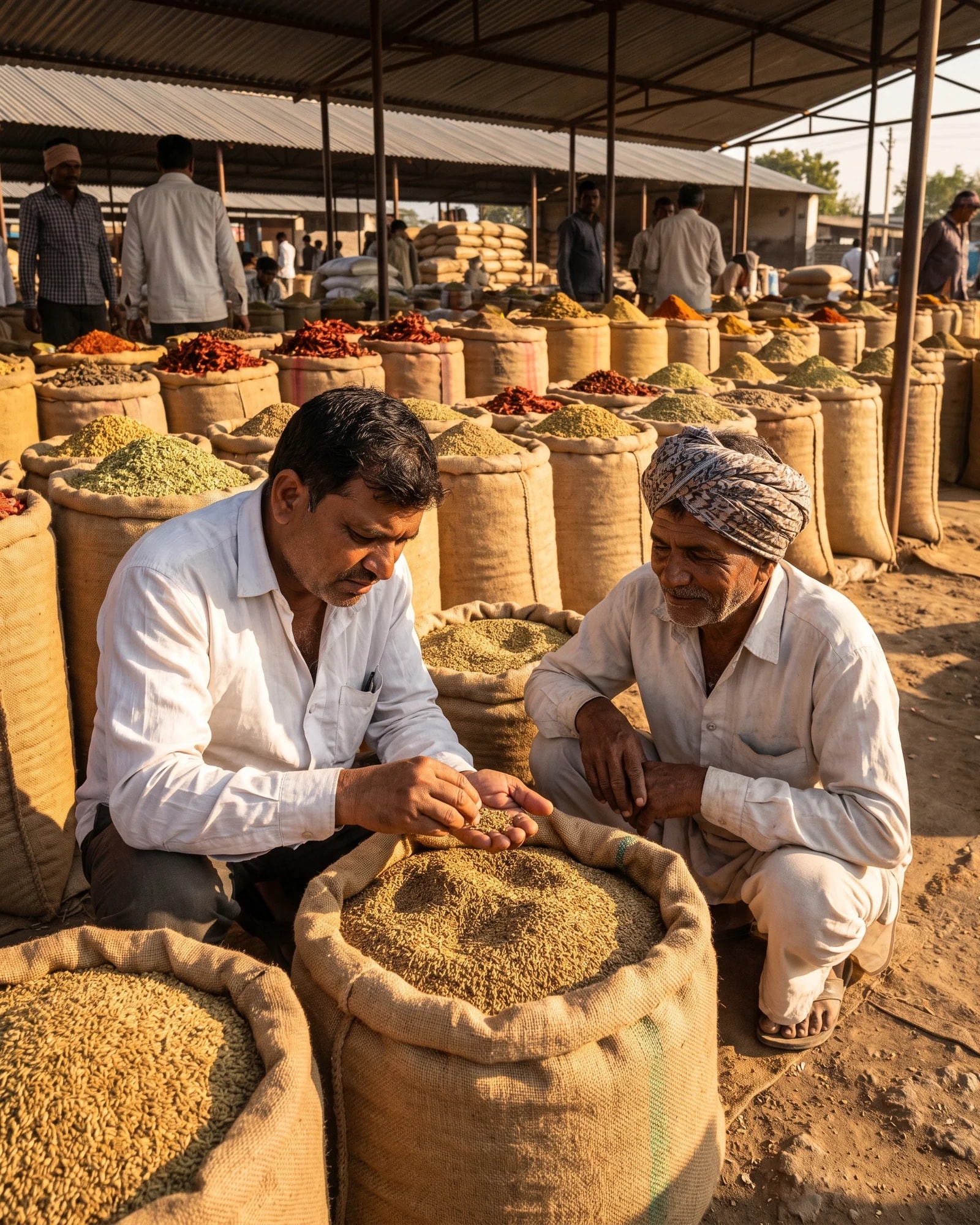 A buyer checking cumin seeds from an open jute sack with a farmer at a spice market