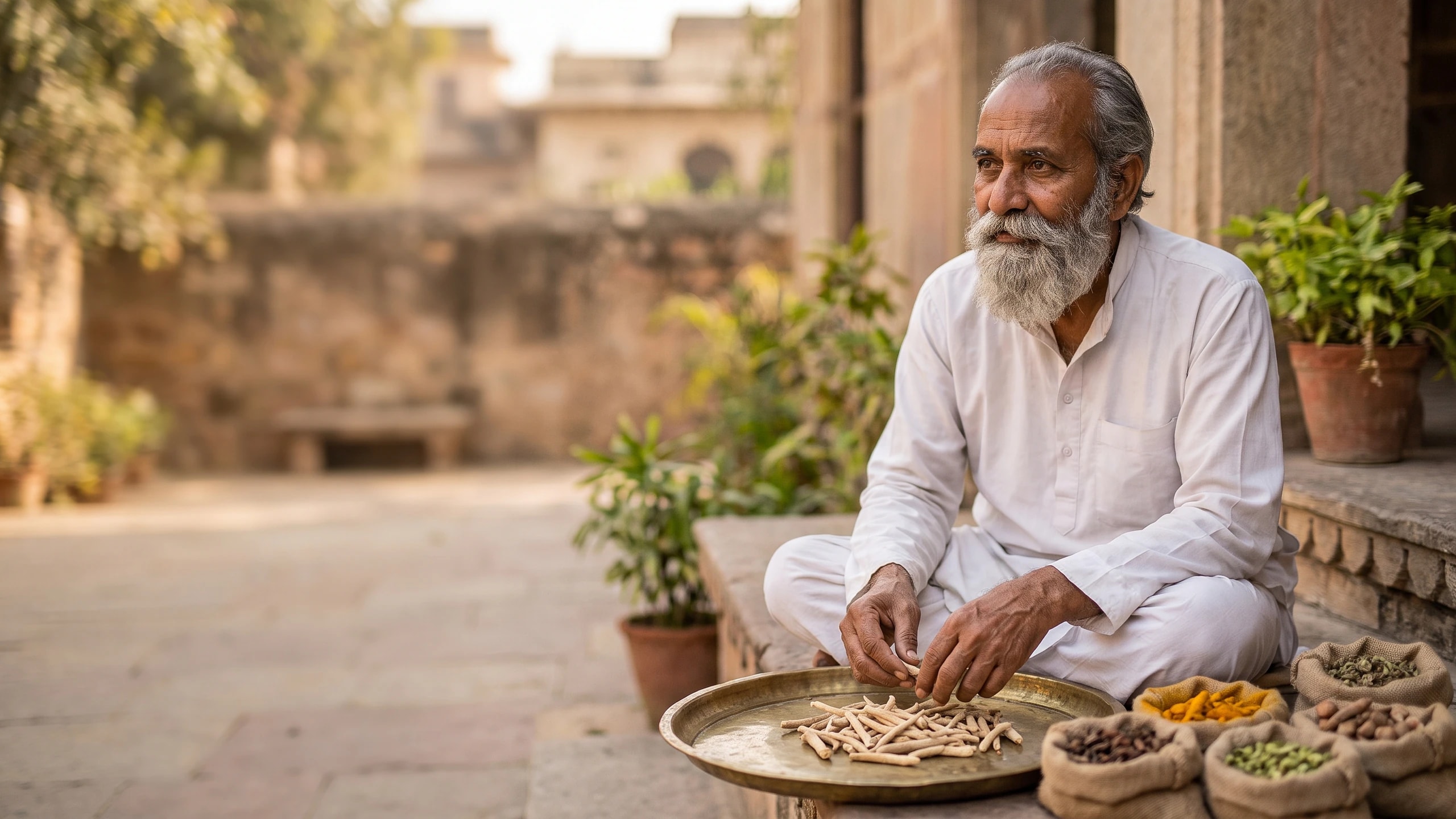 An elderly Ayurvedic vaidya examining dried ashwagandha roots on a brass tray