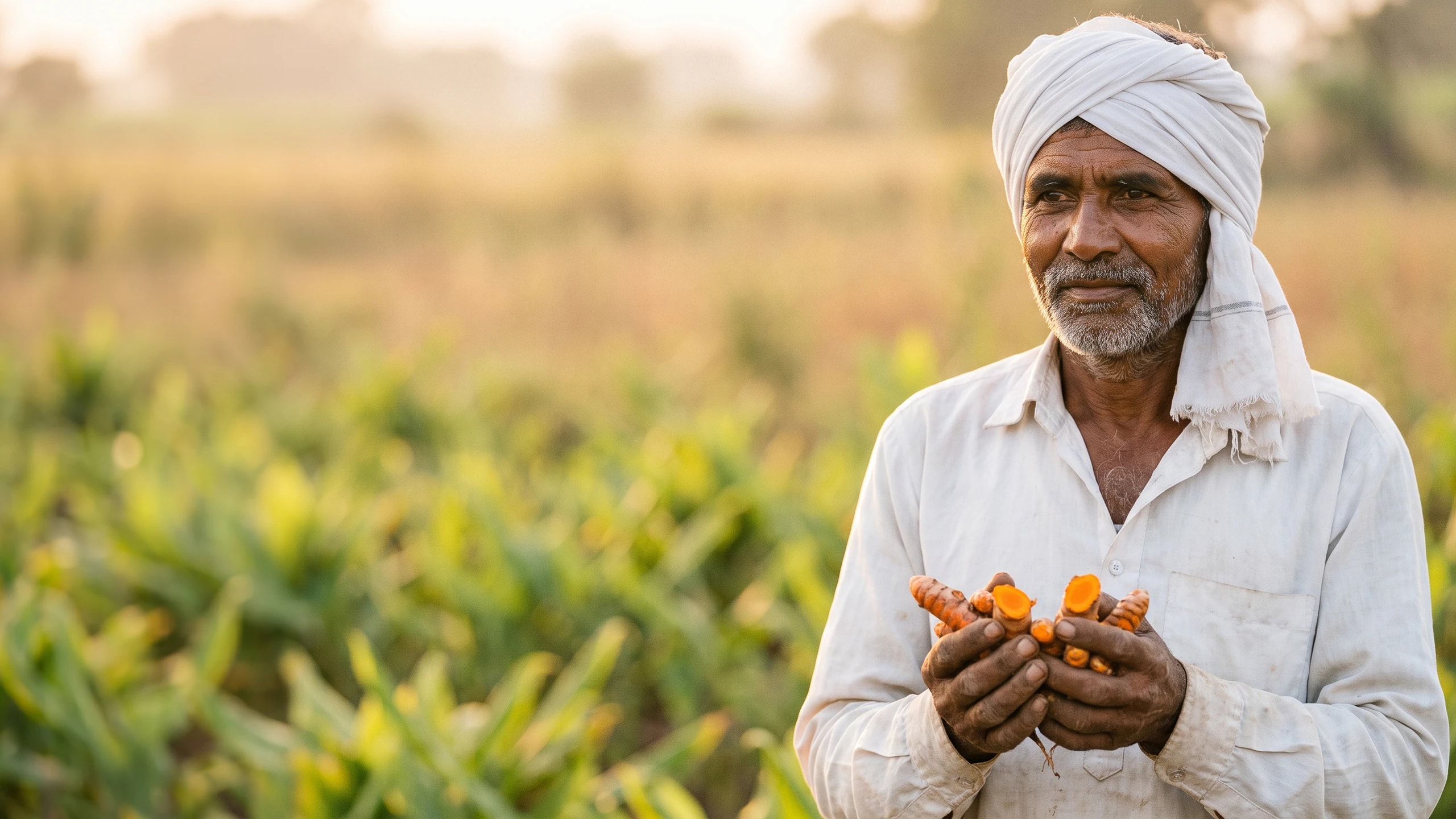 A farmer in a white turban holding freshly dug turmeric